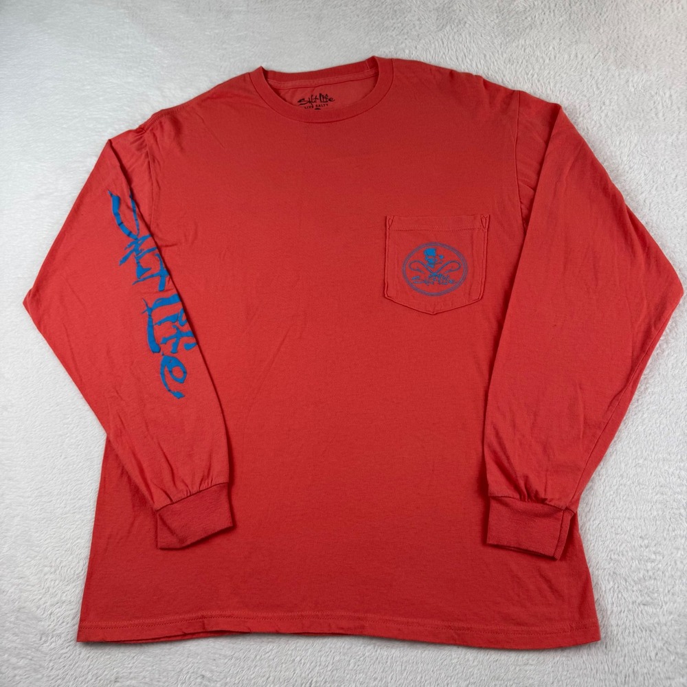 Salt Life Long Sleeve T-Shirt Mens Med Coral Red Skull Fish Hook Graphic Pocket